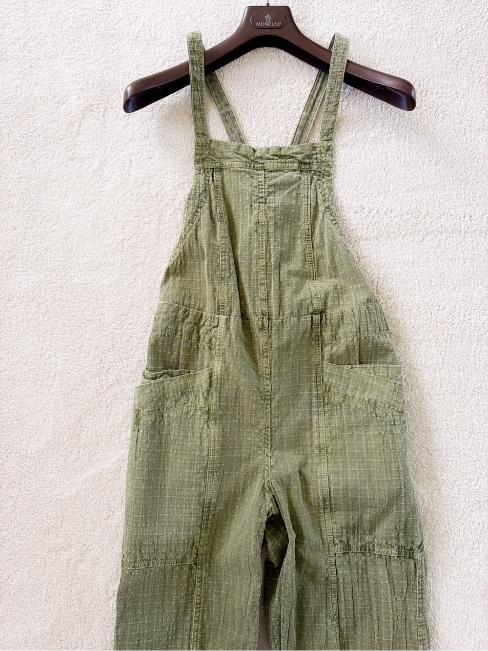 Free People Army Olive Green Textured Cotton Lightweight Overalls sz XS Savannah - Picture 4 of 8
